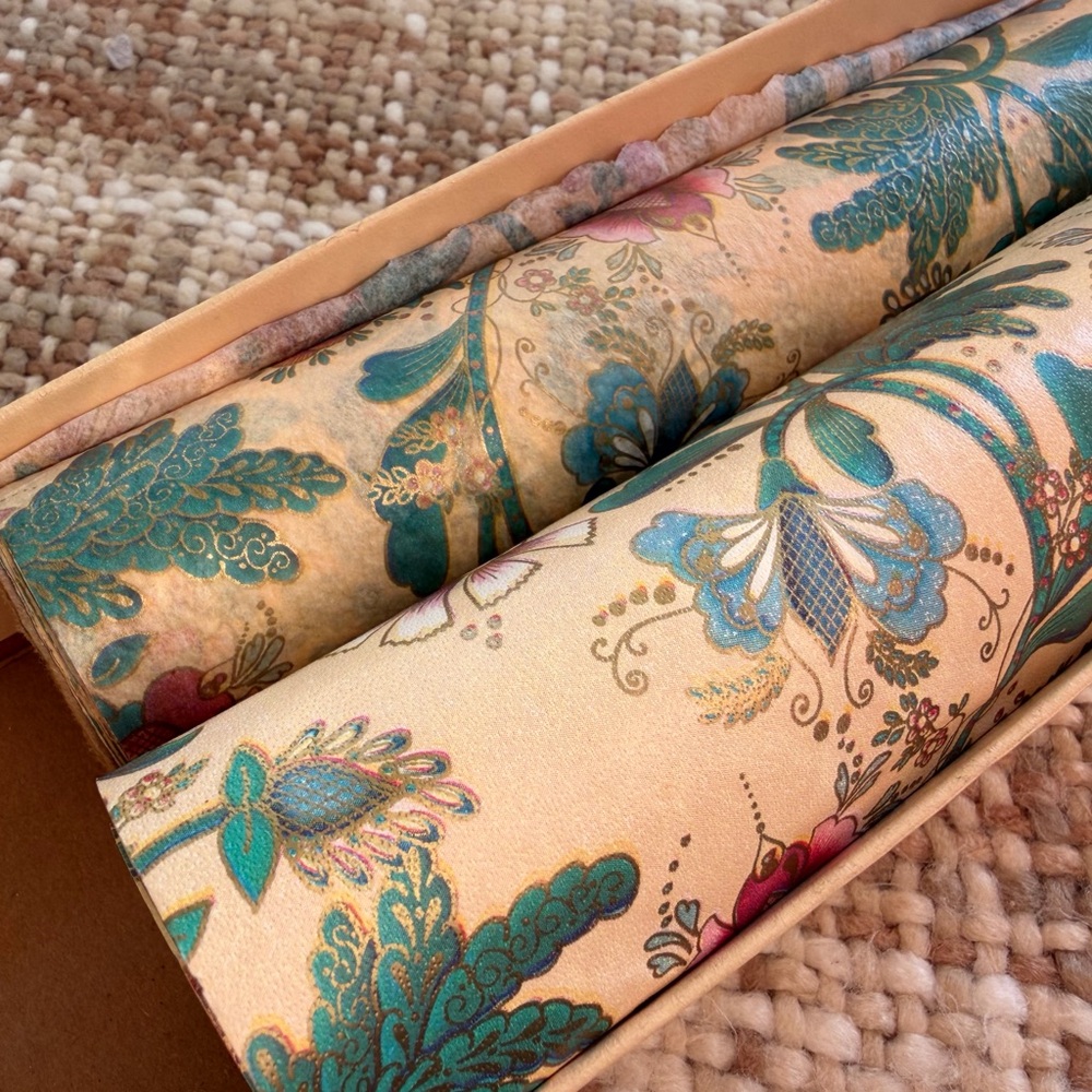 Rare c.1970s Vintage Floral Wallpaper Rolls Gold Teal Pink | NOS + Partial